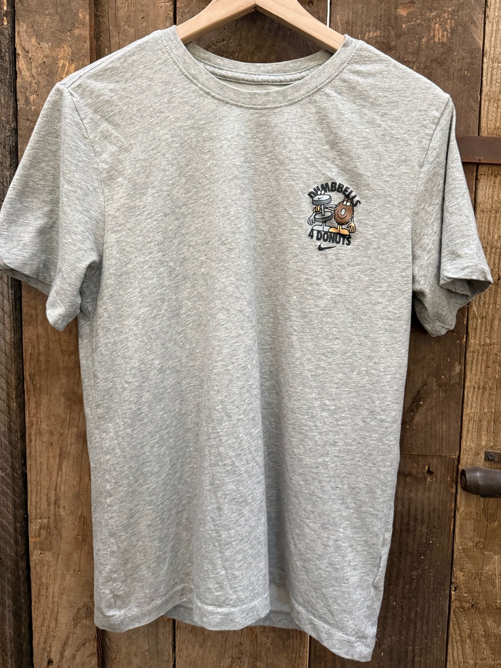 Nike Dri Fit Dumbbells 4 Donuts T Shirt Gray Mens Size Small Gym Casual Logo